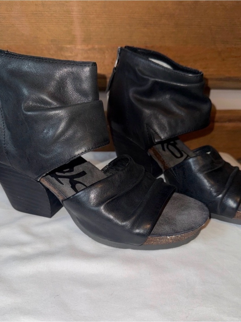 OTBT Black Leather Open-Toe Heeled Booties